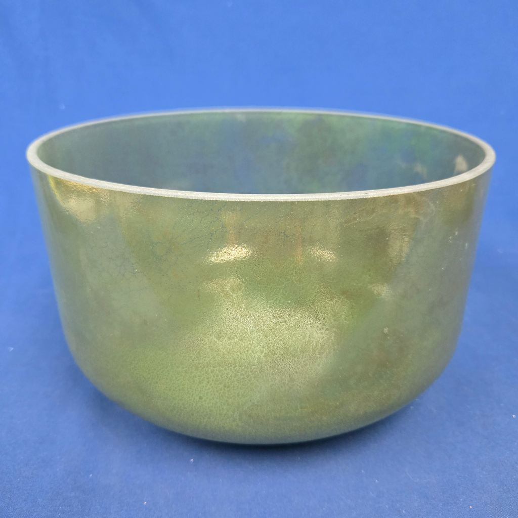 [#4441] Moldavite Infused Quartz Crystal Singing Bowl | 10" | 4D# +29 | 316 Hz